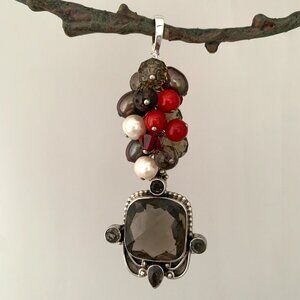 Pearl & Gemstone Cluster Pendant - Swarovski Crystals - Sterling Silver